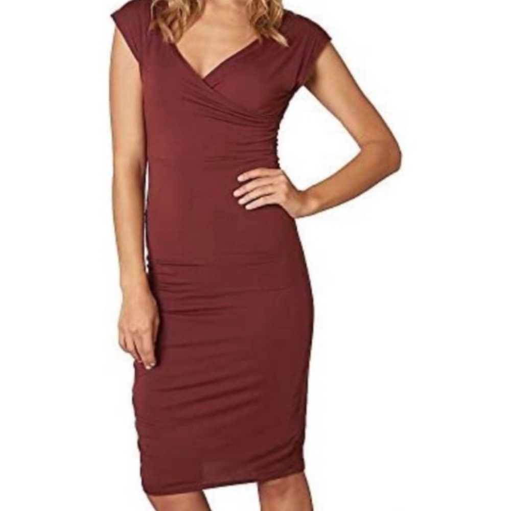 Prana Shayla Faux Wrap Ruched‎ Side Dress in Raisin Size XS - Picture 2 of 7